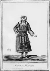 Finnische Frau in traditioneller Tracht, graviert von J. Laroque